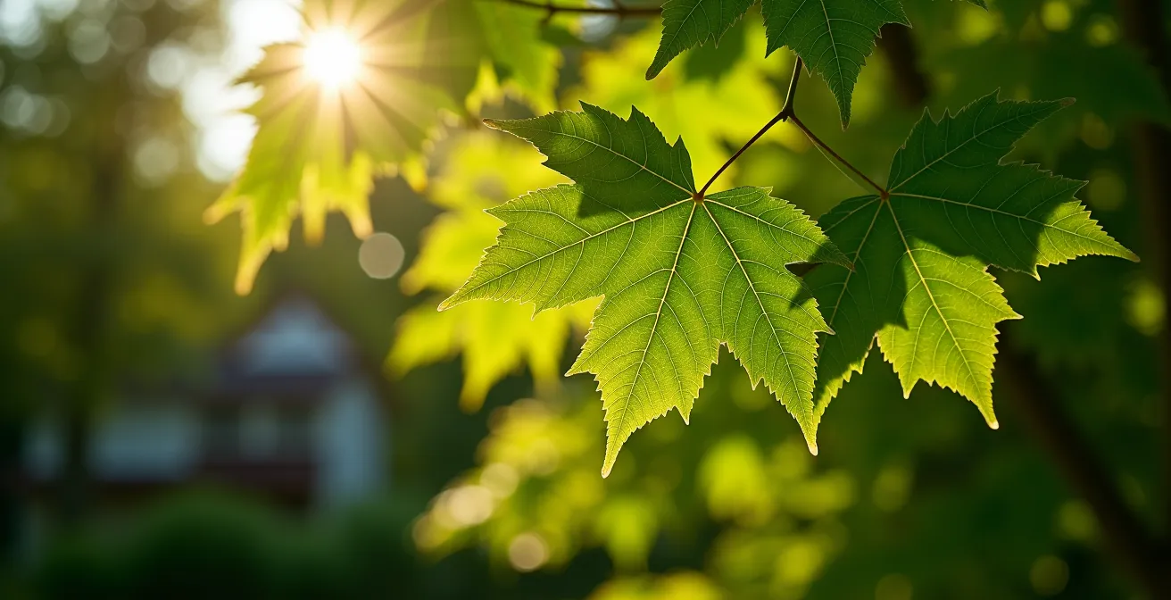 Maison québécoise avec érables matures créant de l'ombre naturelle sur le toit