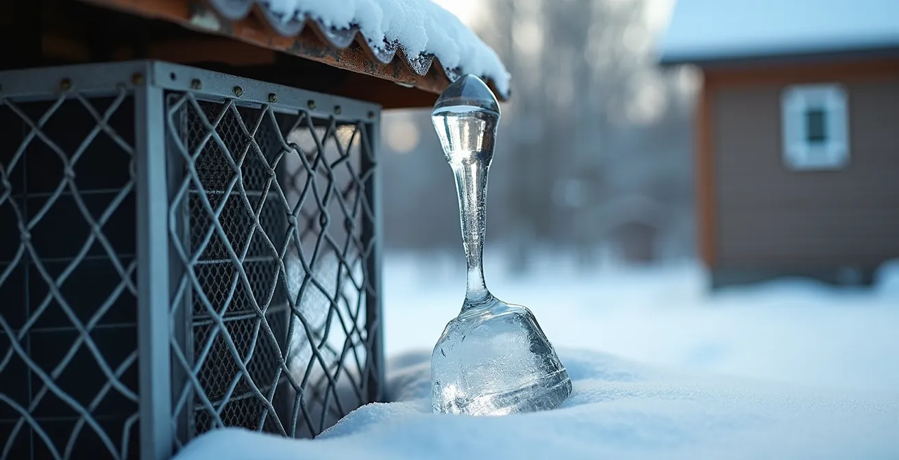 Cage de protection grillagée autour d'une thermopompe avec glace tombant du toit