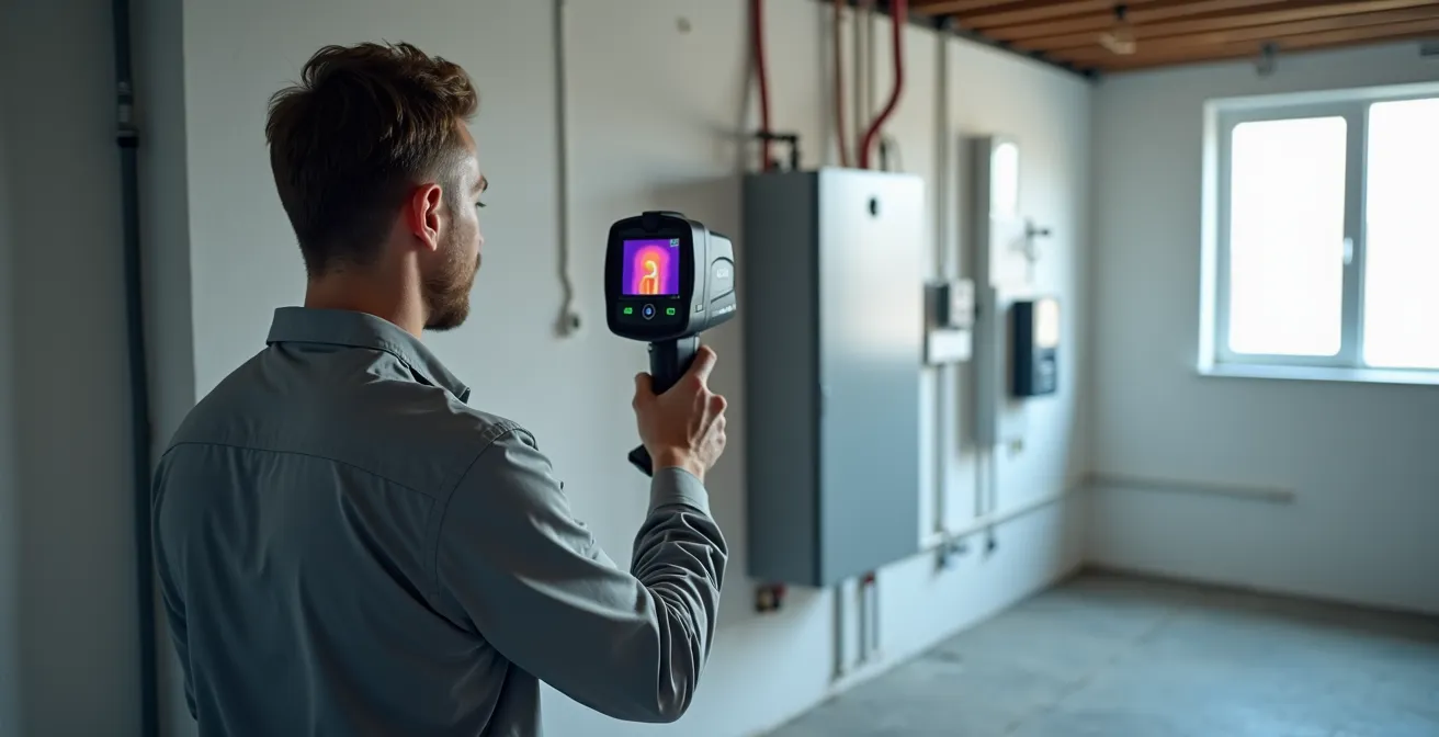 Technicien utilisant une caméra thermique pour inspecter un panneau électrique