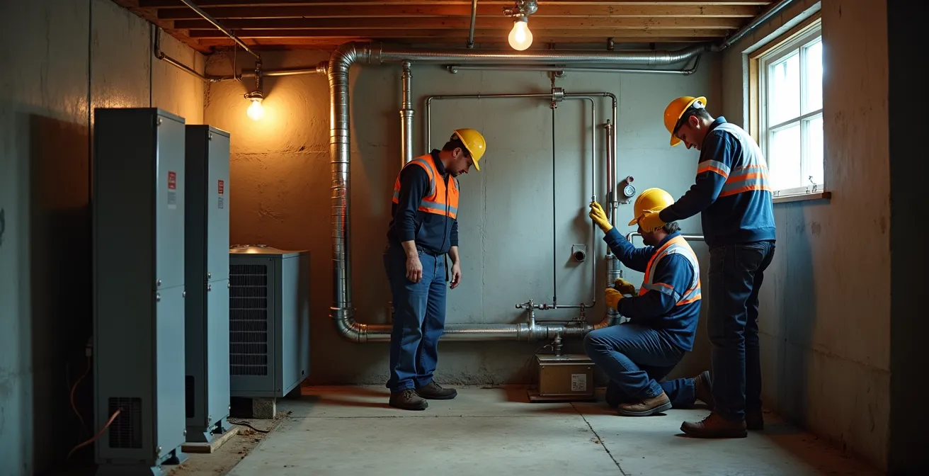 Installation d'une thermopompe moderne à côté d'un ancien système au mazout en cours de démantèlement
