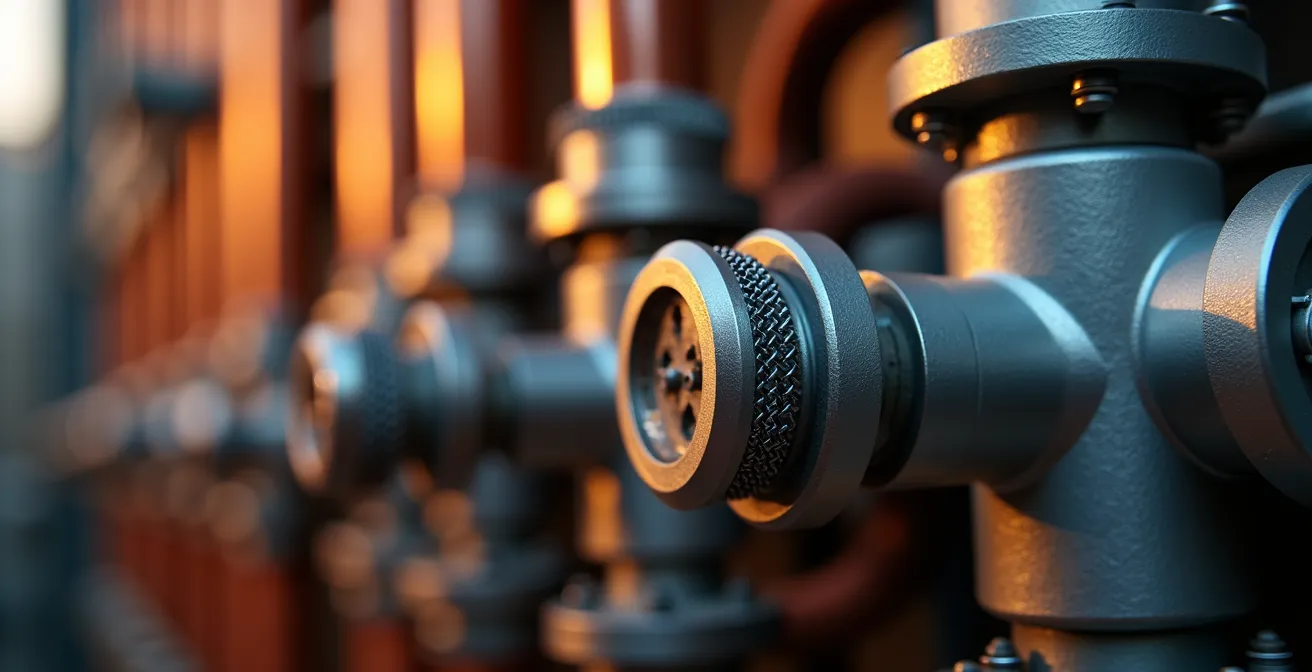 Gros plan technique sur composants de relève électrique et gaz pour thermopompe centrale