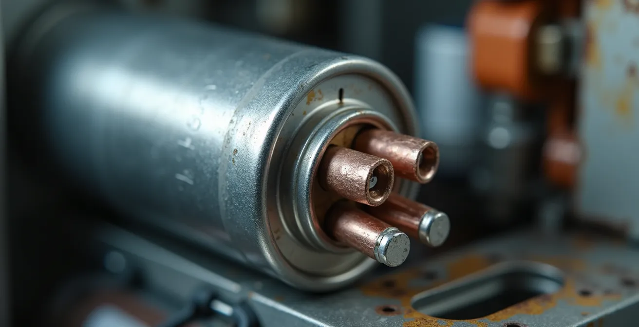 Vue macro détaillée d'un condensateur de thermopompe avec ses connexions