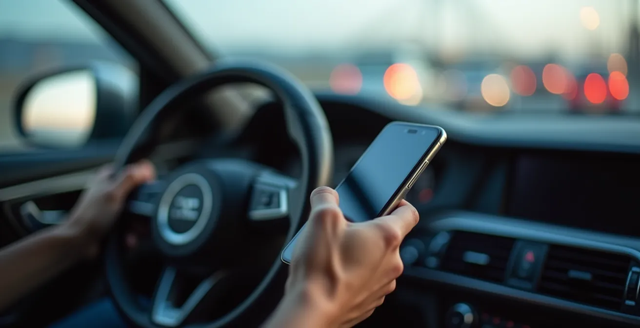 Main tenant un téléphone dans une voiture avec vue floue du pont Champlain en arrière-plan
