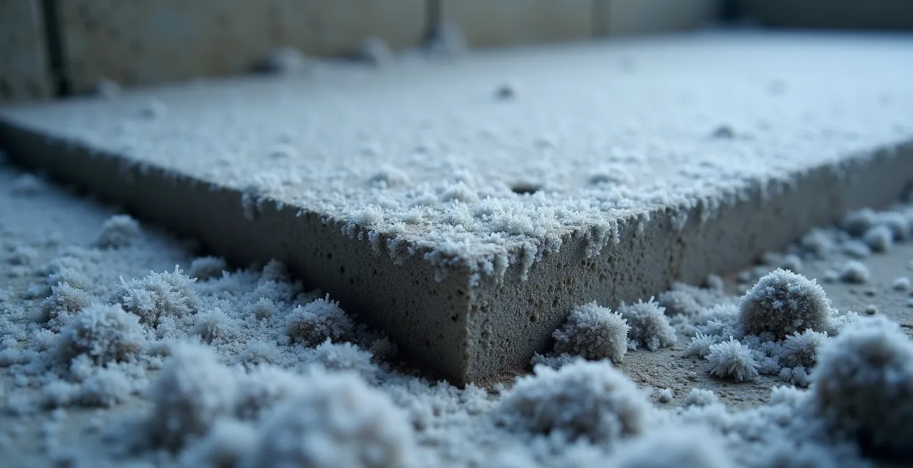 Coupe transversale d'un sous-sol montrant les flux de chaleur à travers la dalle de béton