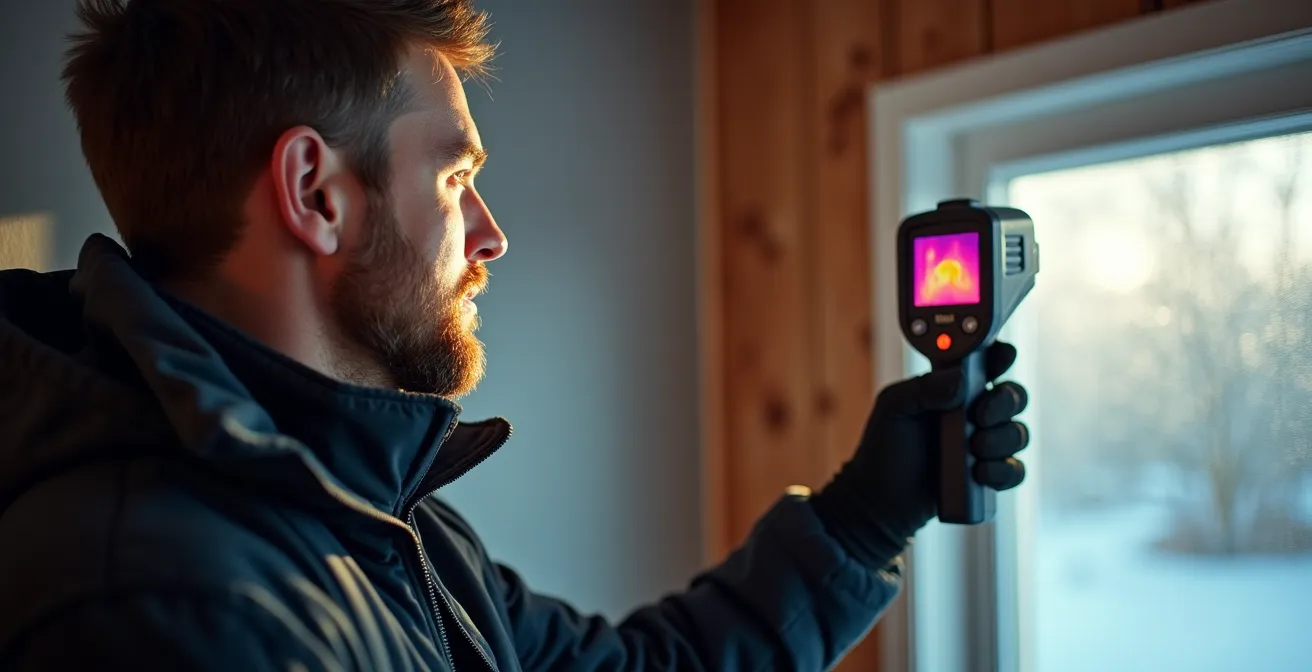 Technicien utilisant une caméra thermique pour détecter des fuites d'air dans les murs d'une maison québécoise en hiver