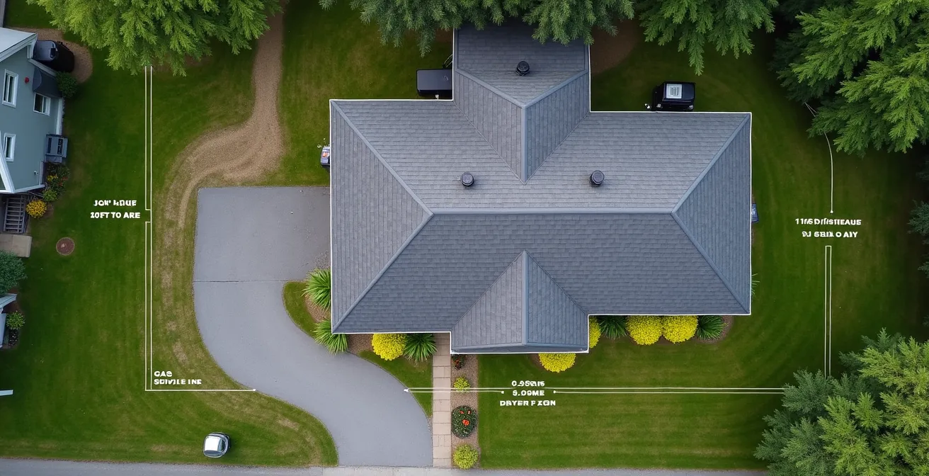 Vue aérienne d'une maison québécoise montrant les distances réglementaires pour l'installation d'une thermopompe