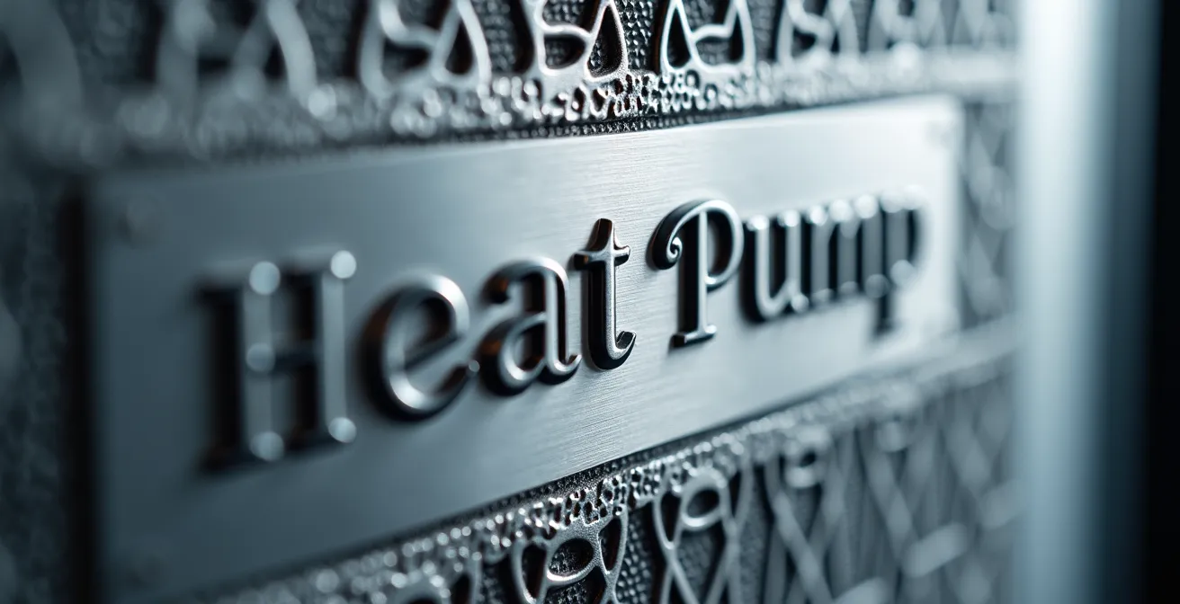 Gros plan macro d'une plaque signalétique métallique de thermopompe avec reflets et textures détaillées