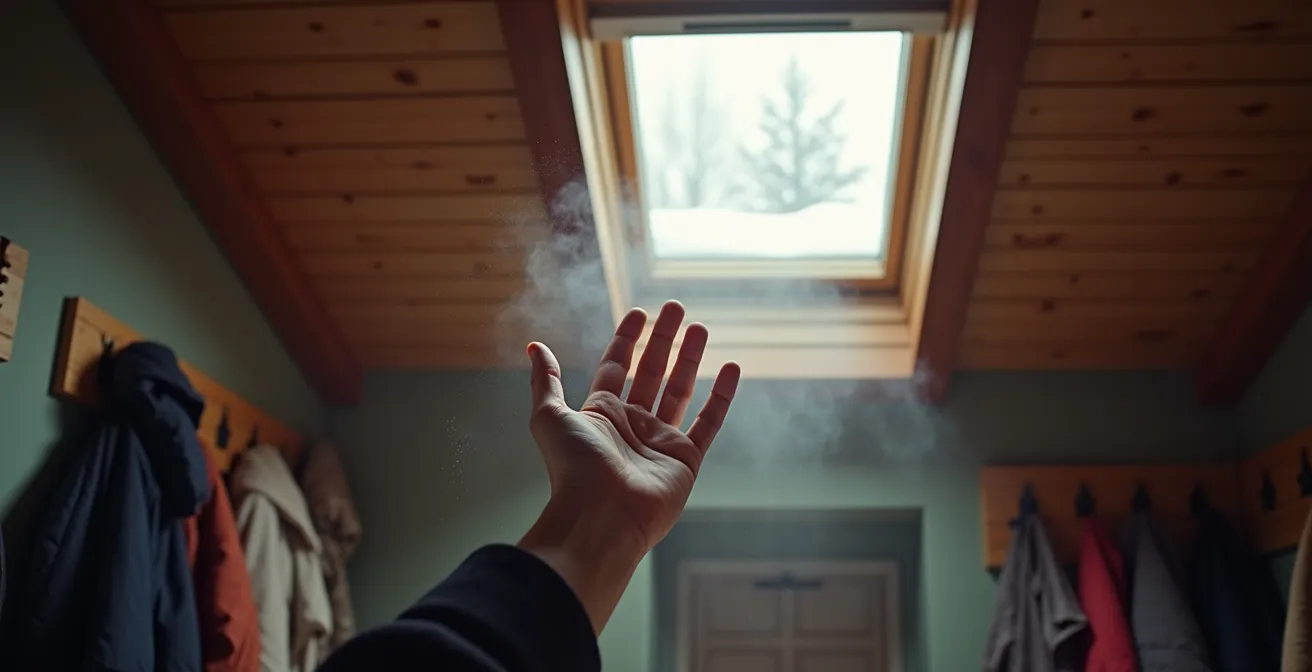 Vue en coupe d'une maison montrant l'effet de cheminée avec circulation d'air chaud et froid