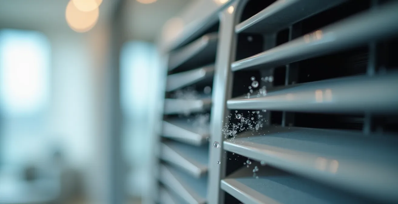 Vue macro des volets d'une unité murale montrant l'orientation optimale pour l'effet Coanda avec flux d'air visible