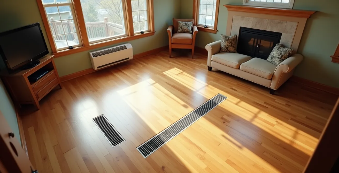 Vue en plongée d'un salon québécois montrant les registres de plancher et la circulation d'air