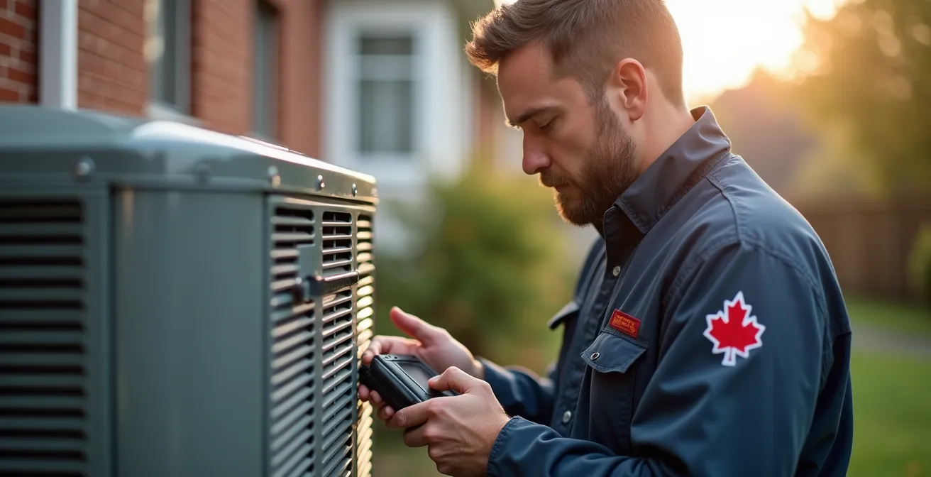 Technicien examinant une unité de climatisation extérieure avec outils professionnels