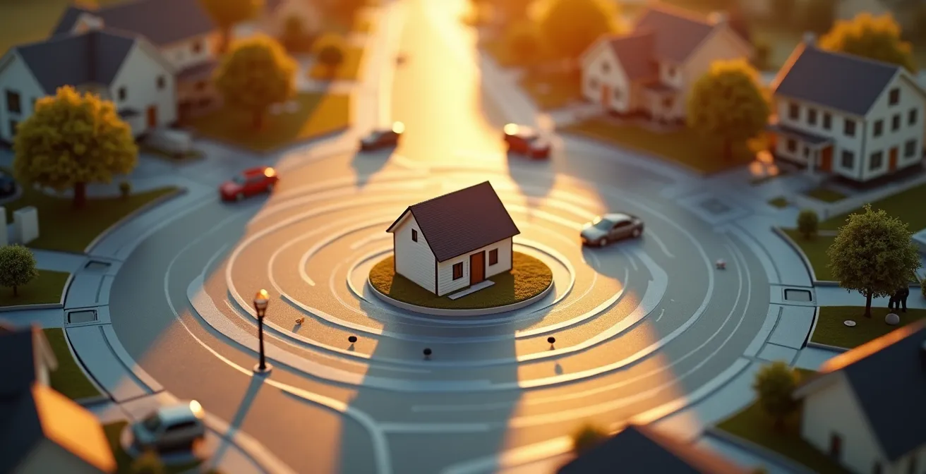 Carte stylisée montrant le géorepérage d'une maison avec zones de détection et trajets familiaux