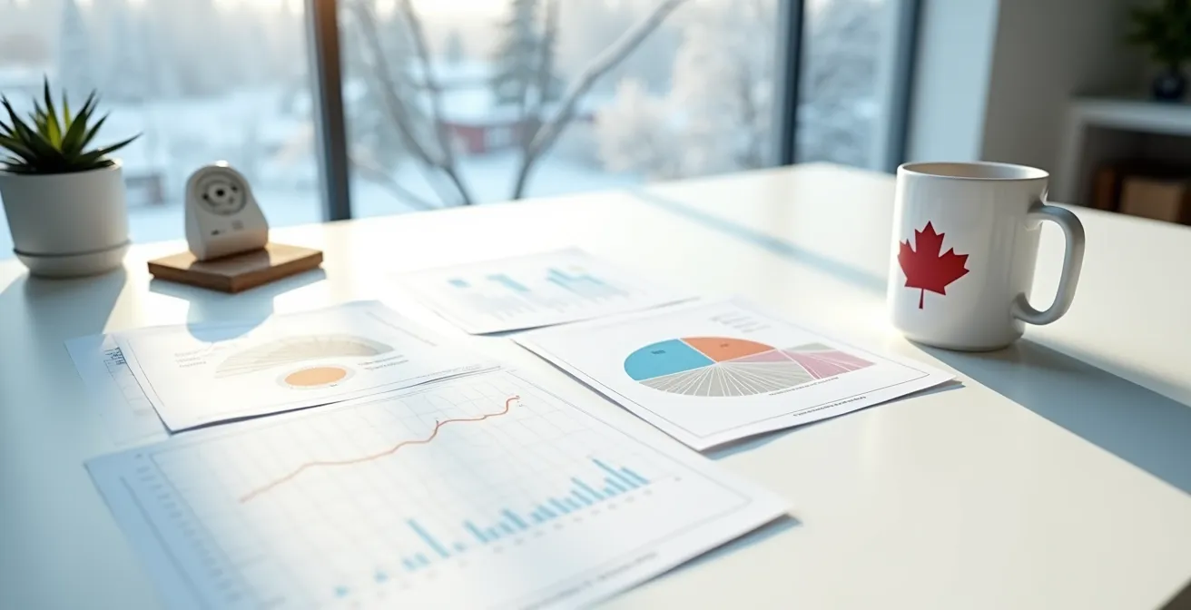 Vue en plongée d'un bureau avec graphiques de consommation énergétique imprimés et station météo