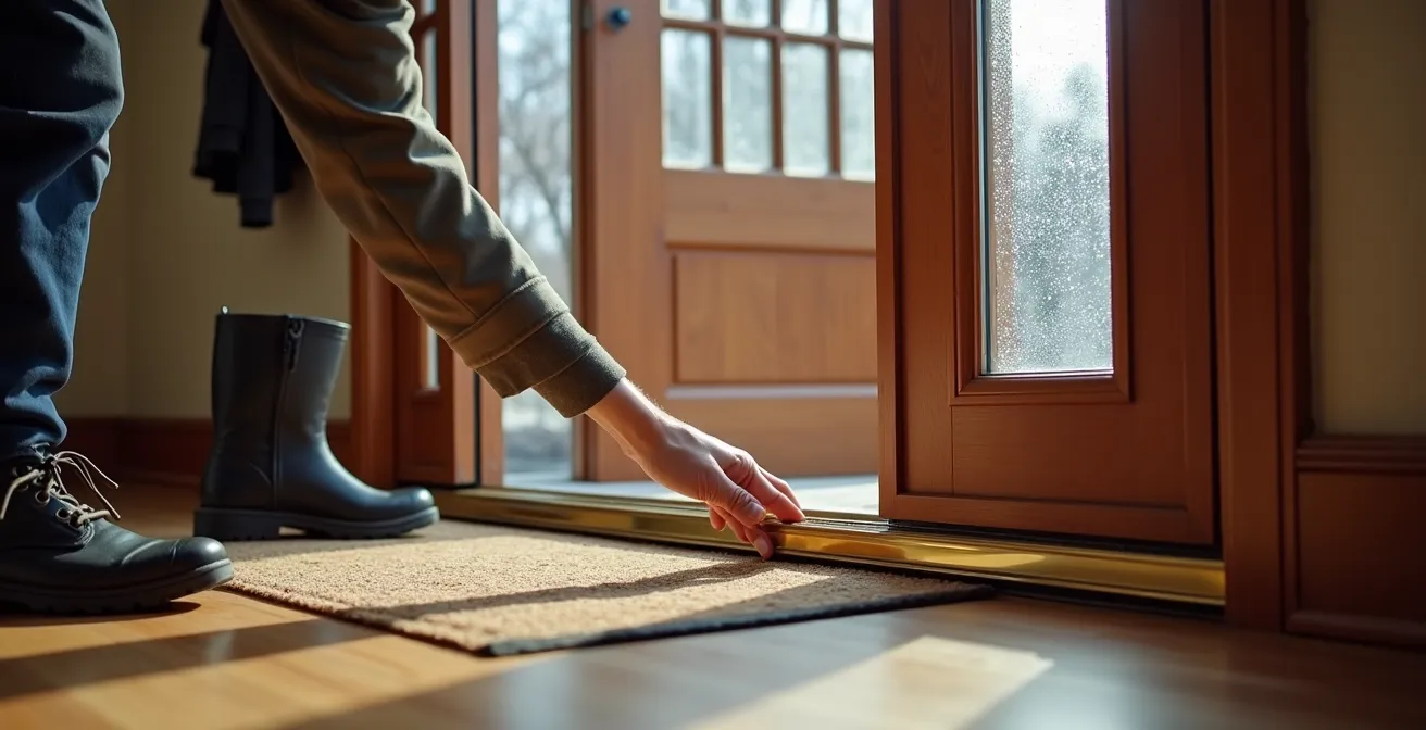 Installation d'un balai de porte et coupe-froid sur une porte d'entrée québécoise avec neige visible à l'extérieur