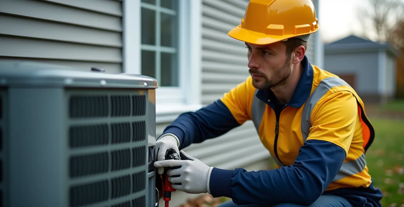 Technicien certifié installant une thermopompe au R-32 avec équipement de sécurité