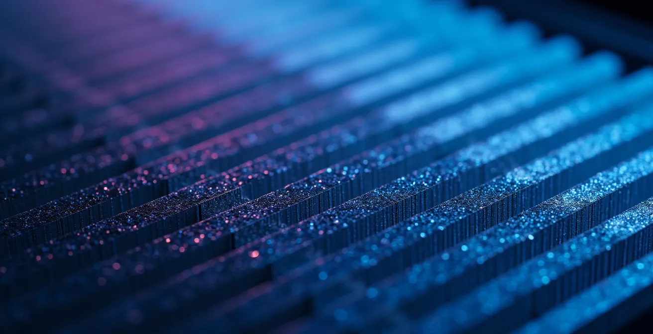 Gros plan sur serpentin de thermopompe avec éclairage UV bleuté pour stérilisation