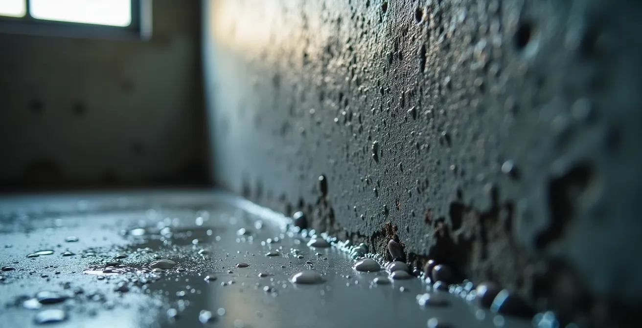 Gros plan sur un mur de fondation en béton avec formation de condensation et traces d'humidité visibles
