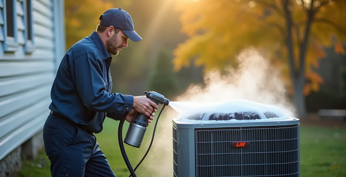 Application professionnelle de nettoyant spécialisé sur serpentin de condenseur