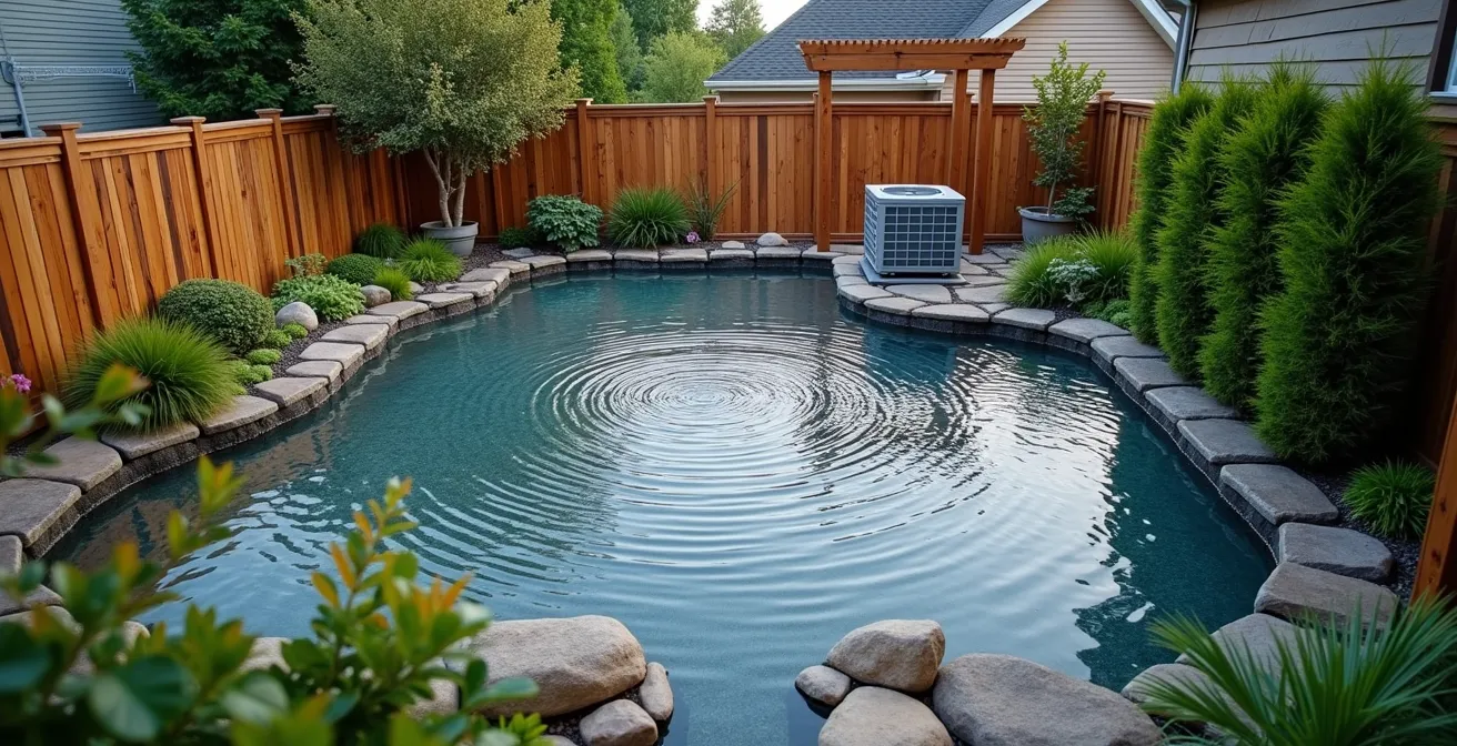 Vue aérienne d'une configuration de cour avec zones d'ombre acoustique créées par l'orientation du ventilateur