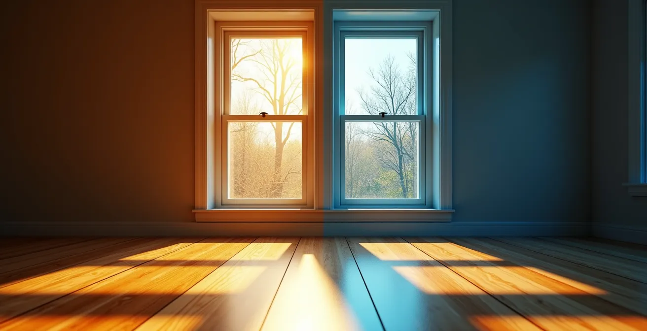 Comparaison côte à côte d'une ancienne fenêtre et d'une fenêtre Energy Star moderne dans une maison québécoise