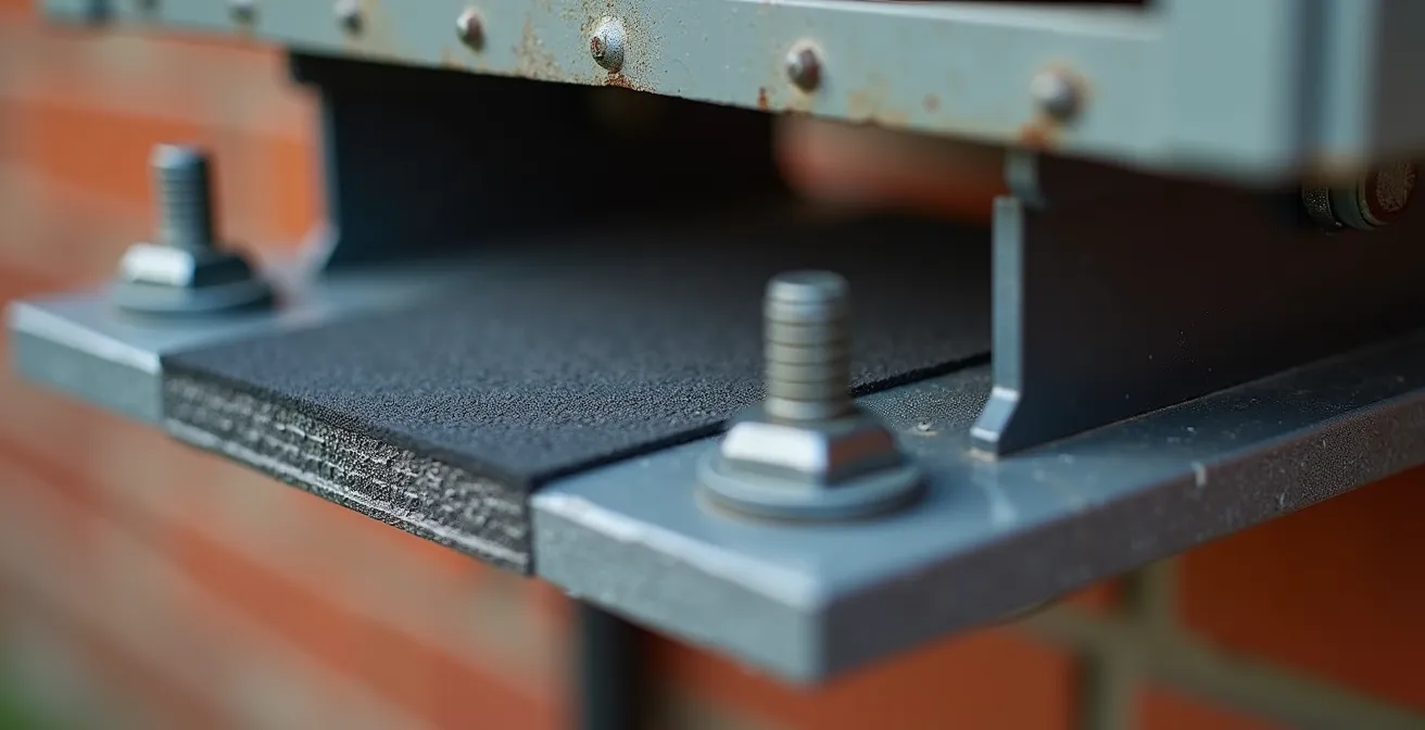 Détail macro d'un support anti-vibration en caoutchouc sous une thermopompe