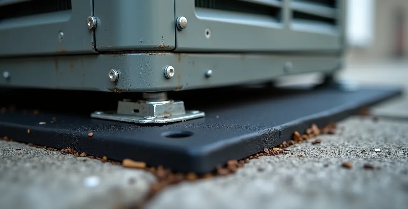 Gros plan sur des supports antivibratoires en caoutchouc installés sous une thermopompe