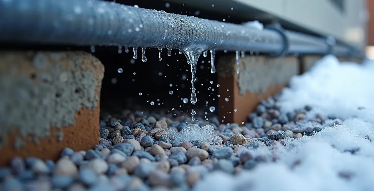 Système de drainage avec puits de gravier sous une thermopompe en hiver