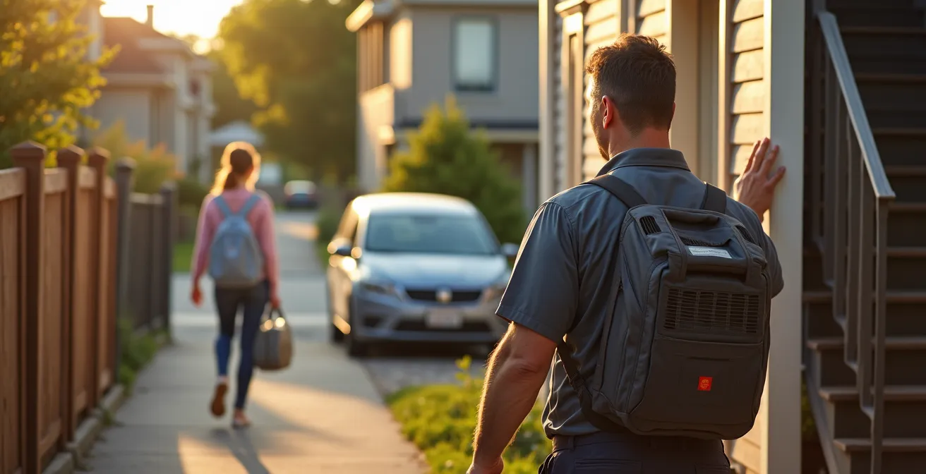 Technicien arrivant rapidement chez un client prioritaire lors d'une canicule au Québec