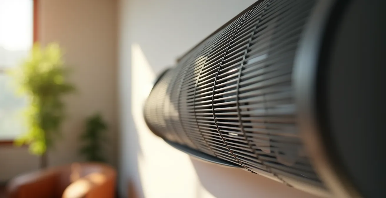 Gros plan sur une thermopompe murale moderne dans un salon québécois avec affichage digital flou