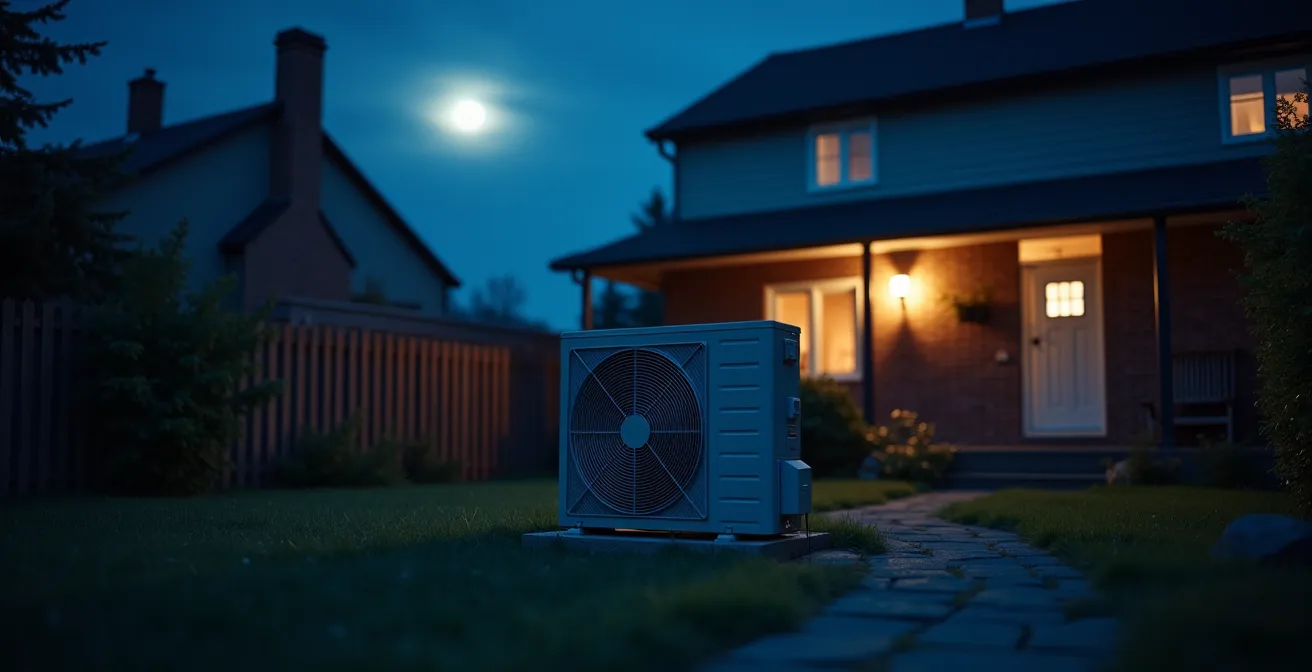 Vue nocturne d'une thermopompe dans une cour arrière québécoise avec éclairage tamisé