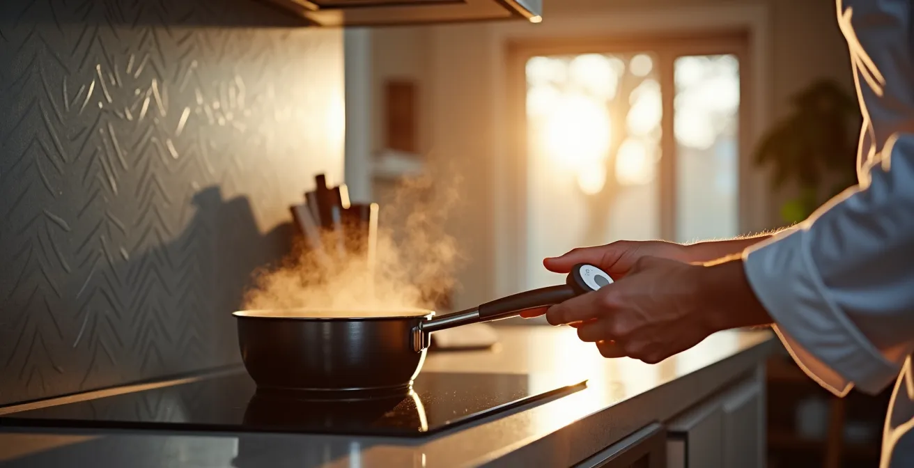 Cuisine moderne québécoise avec îlot central et capteur de thermostat visible dans le salon adjacent