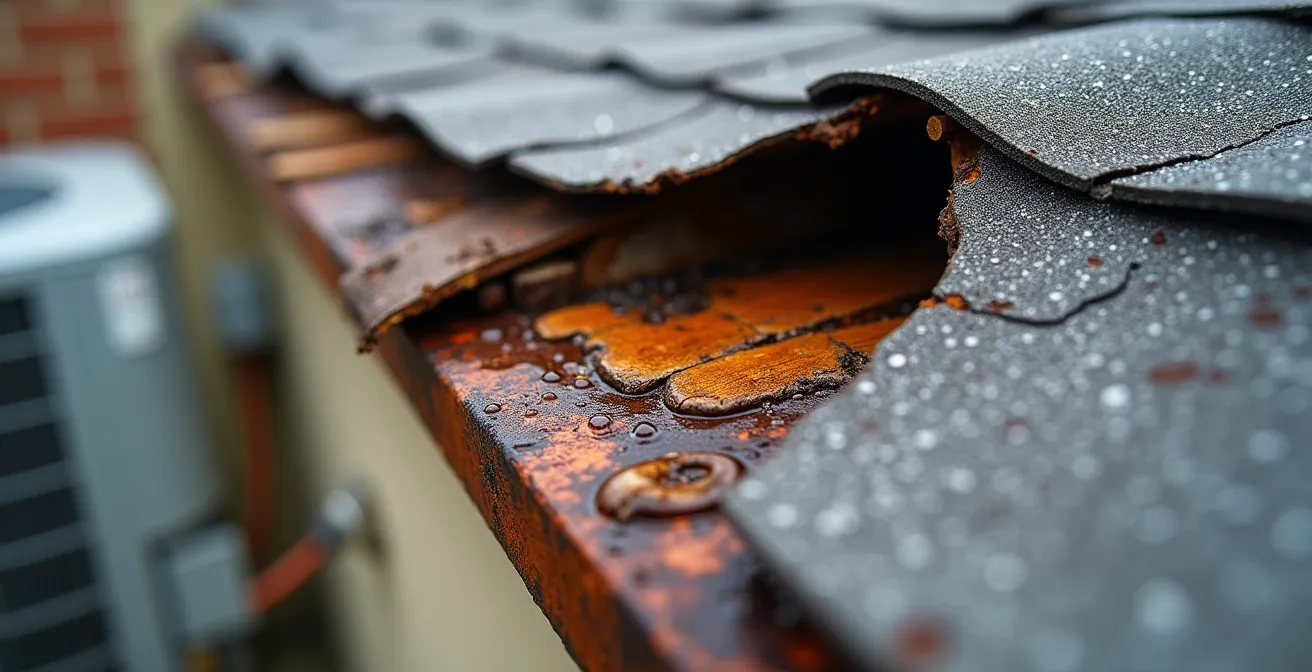 Vue macro d'un toit endommagé avec traces d'infiltration d'eau près de l'installation d'une thermopompe