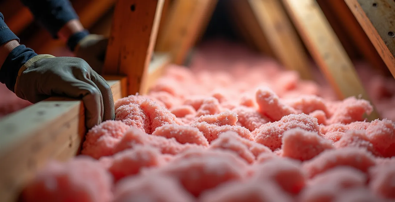 Entrepreneur installant de l'isolation dans un grenier de maison québécoise