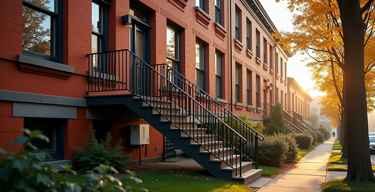 Unité de thermopompe discrètement intégrée sur un triplex montréalais avec escaliers en fer forgé