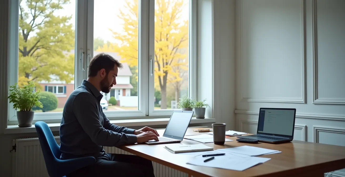 Personne consultant le site de vérification OPC sur ordinateur portable dans un bureau résidentiel québécois