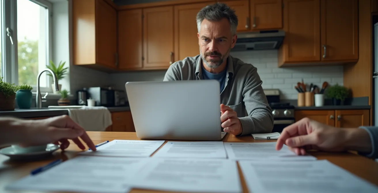 Personne vérifiant une licence RBQ sur ordinateur avec documents officiels