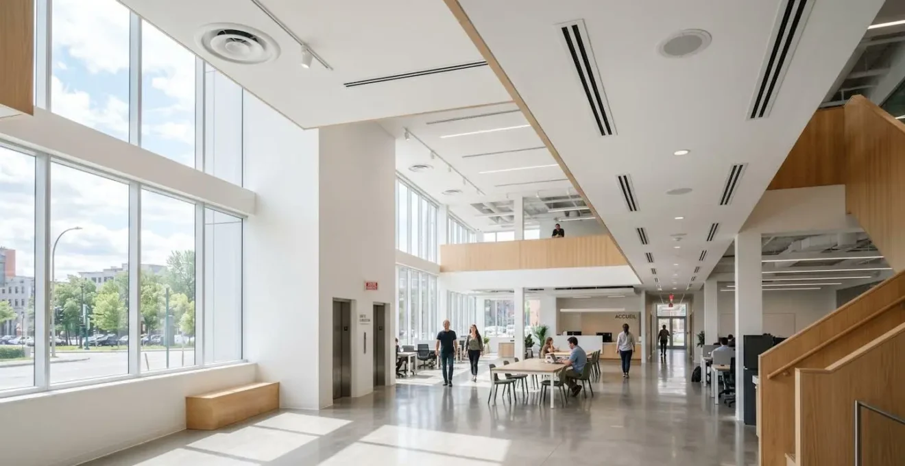 Vue grand angle d'un espace commercial moderne au Québec avec diffuseurs de ventilation visibles au plafond, intérieur lumineux et épuré, aucune personne au premier plan