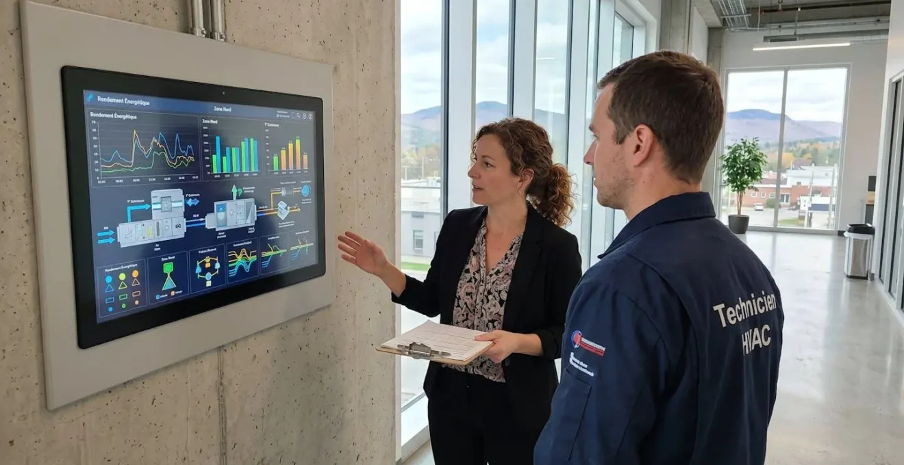 Un technicien CVC discute avec un propriétaire de commerce dans un espace commercial moderne des Laurentides, échange professionnel naturel sans pose