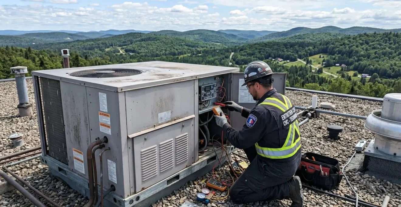 Technicien CVC vu de dos ajustant une unité extérieure sur le toit d'un bâtiment commercial dans les Laurentides, posture de travail naturelle avec équipement de sécurité
