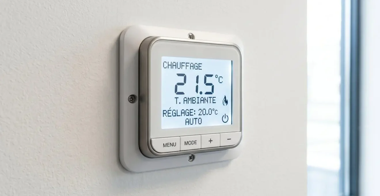 Gros plan sur un thermostat numérique commercial affichant la programmation des zones de température, surface murale propre et moderne